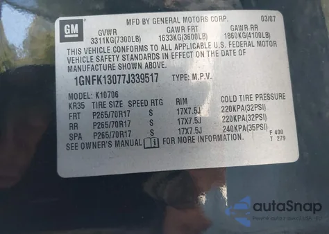 2007 Chevrolet Tahoe Ls from USA, damaged, VIN 1GNFK13077J339517